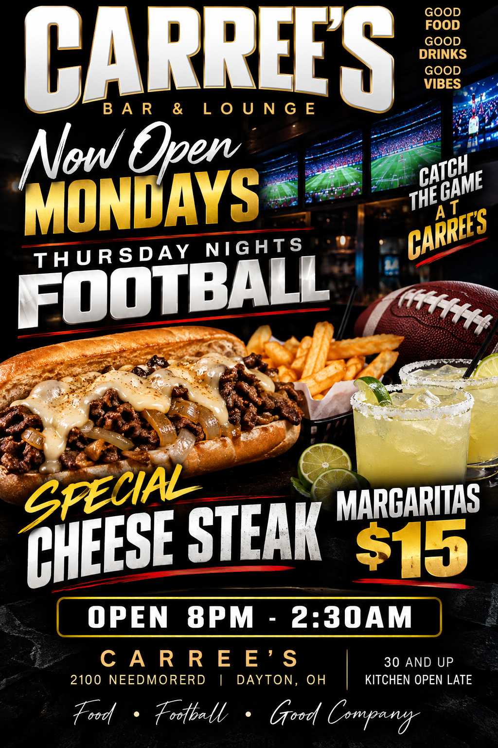 Carree's Bar and Lounge Mondays and Thursday Night Football flyer