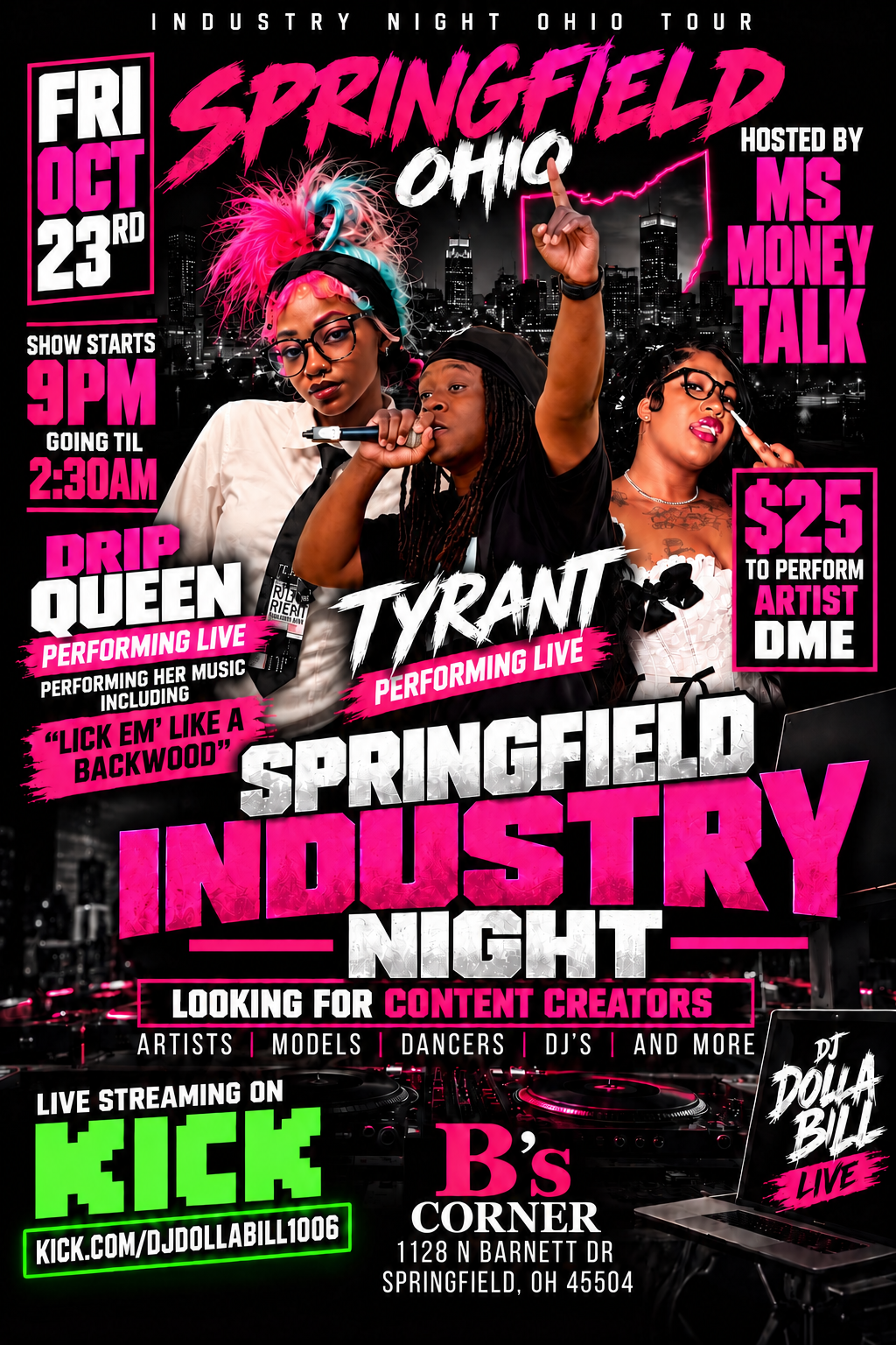 Springfield Industry Night flyer featuring Drip Queen, Tyrant, and MS Money Talk